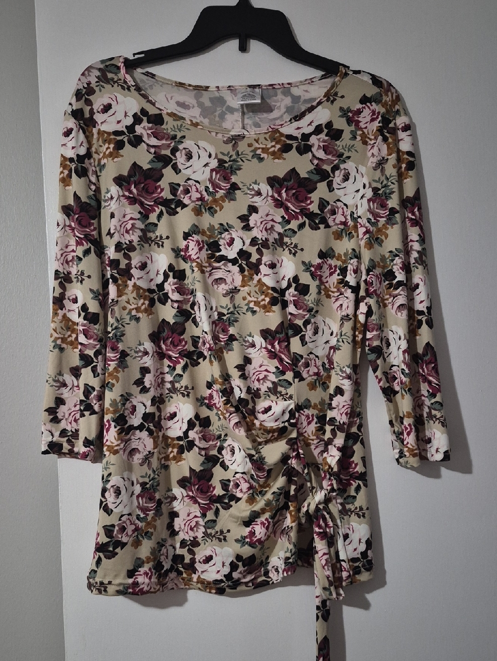 Floral Tie-Waist Women’s Top - Beige with Pink Rose Print